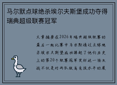 马尔默点球绝杀埃尔夫斯堡成功夺得瑞典超级联赛冠军